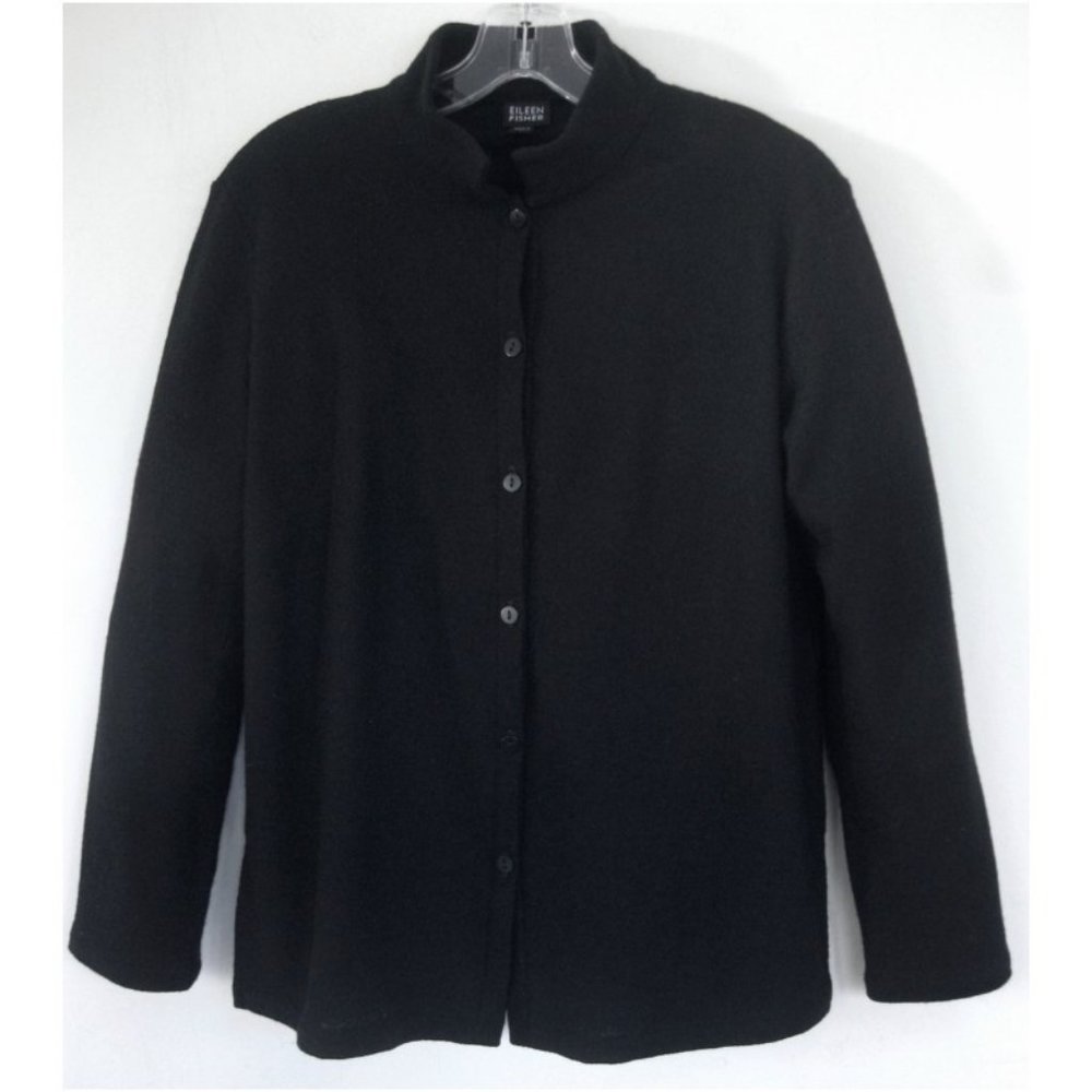 Light wool knit jacket S Black Eileen Fisher Buttons High collar Unlined USA